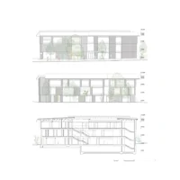 Long elevations and longitudinal section through the timber building and concrete basement, Zašová Health Center by AOSI