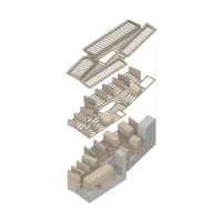 Exploded axonometric of the CLT walls, timber beams and concrete core, Zašová Health Center by AOSI