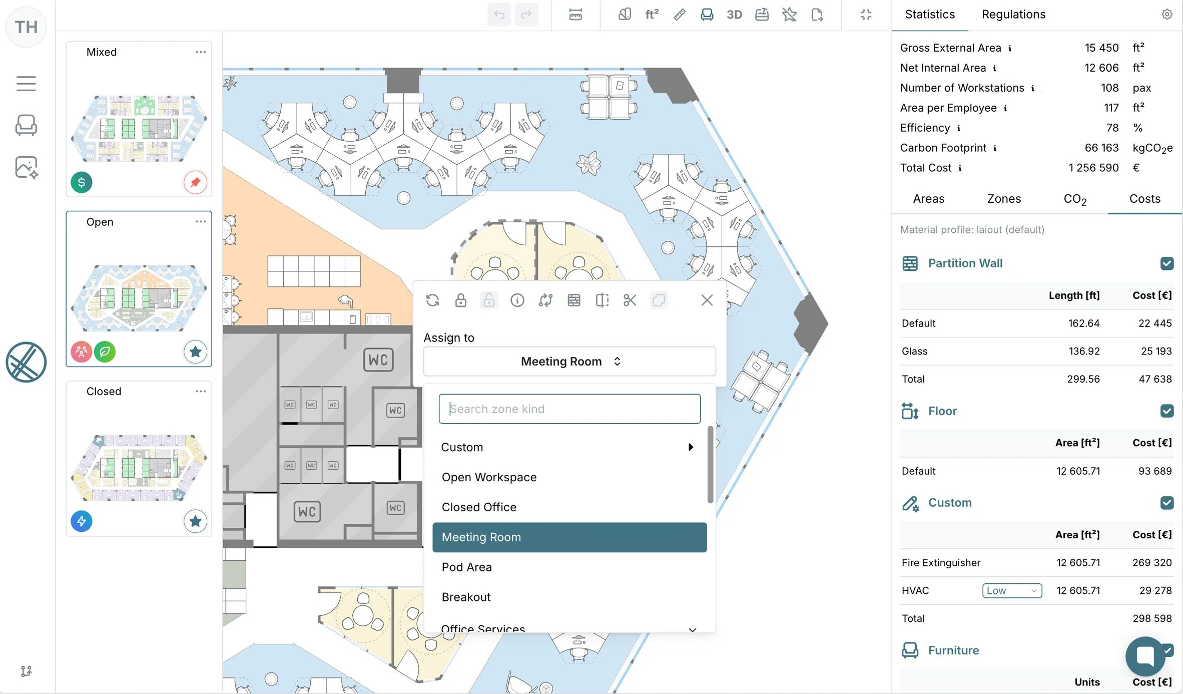 Software interface showing a color-coded office floor plan alongside statistics and cost breakdown panels
