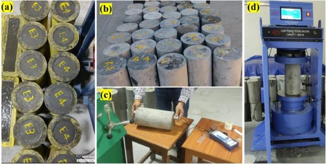 Grid of photos showing labeled cylindrical concrete samples, a hand-held tester, and a hydraulic press