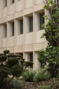 The precast facade seen through the branches of a young tree, Mokuzai by IT'S Architecture