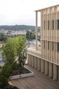 Roof terrace with timber decking and planting, looking out over Bordeaux, Mokuzai by IT'S Architecture
