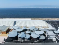 The canopy roofs of Future Life Village Pavilion with Osaka Bay beyond