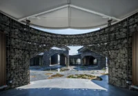 Canopy roof over the courtyard ponds at Future Life Village Pavilion