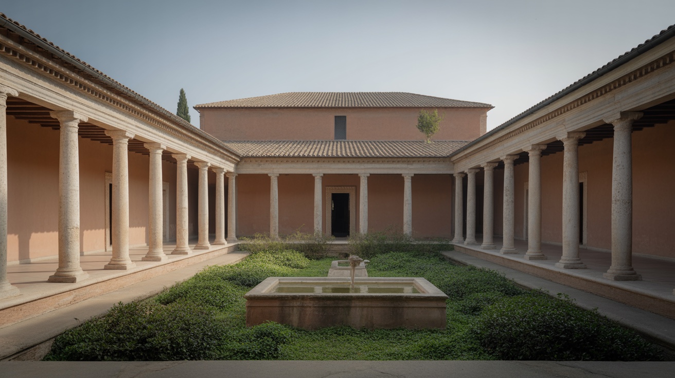 Peristyle courtyard of a Roman house, stone colonnades on all four sides framing a planted court with a rectangular water basin