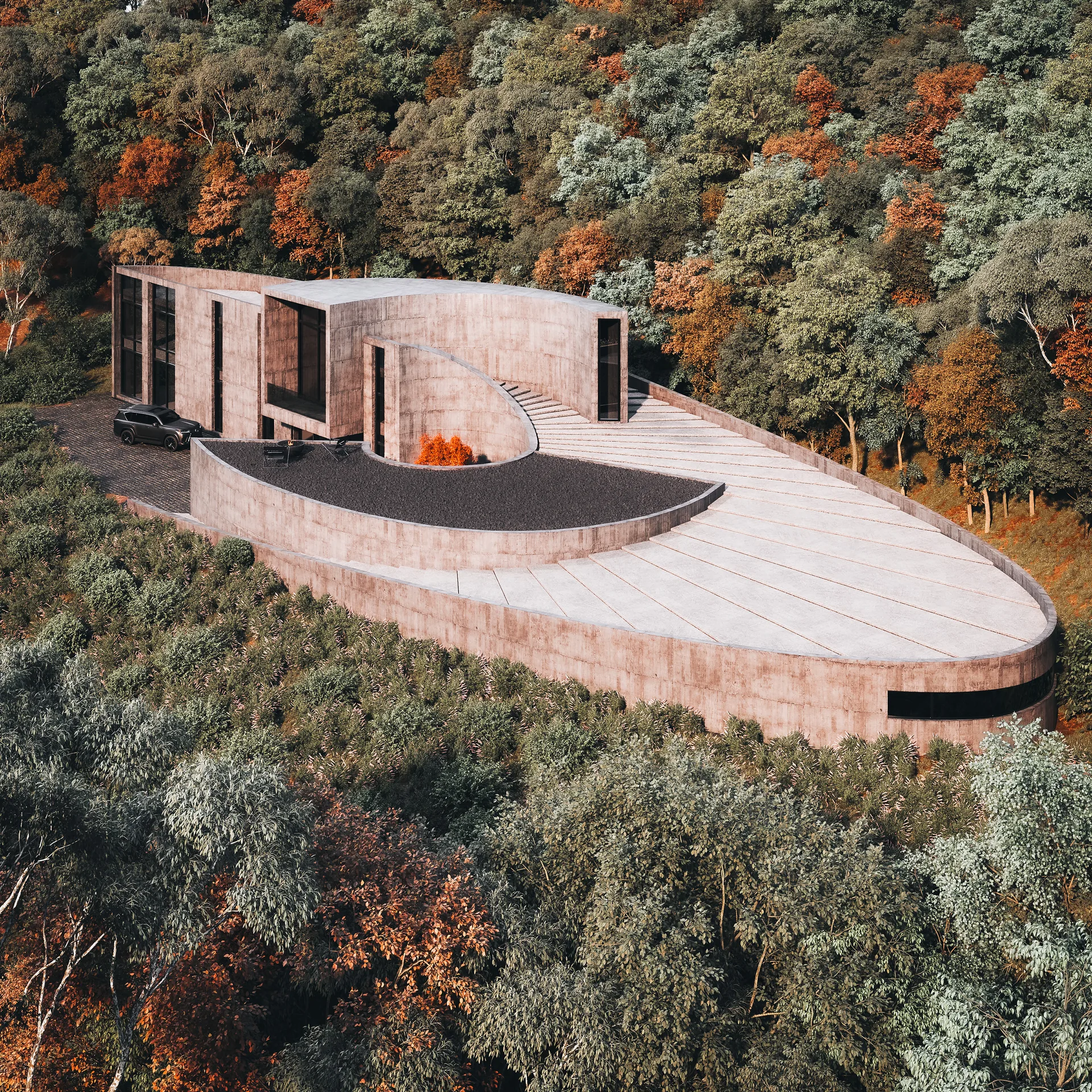 Rendering of the walkable spiral roof terrace and pool rising above the forest canopy, Savan House by Nobico Studio