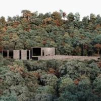 Rendering of the house seen from a distance across the tree canopy, Savan House by Nobico Studio