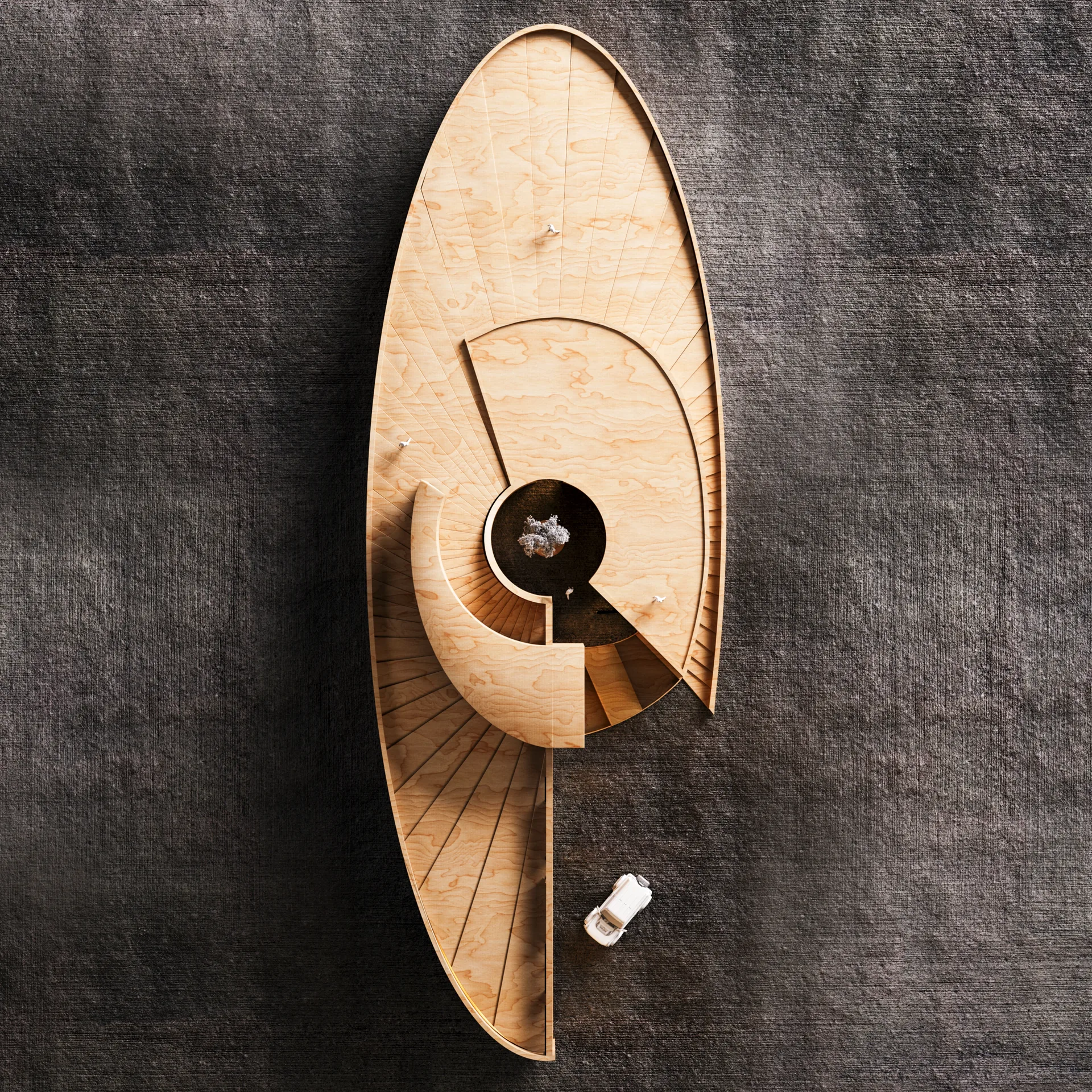 Top view of the timber study model showing the spiral plan and courtyard, Savan House by Nobico Studio