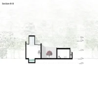 Section BB through the courtyard pool and stepped roof, Savan House by Nobico Studio