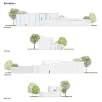 North, east, south and west elevations of the concrete shell among trees, Savan House by Nobico Studio