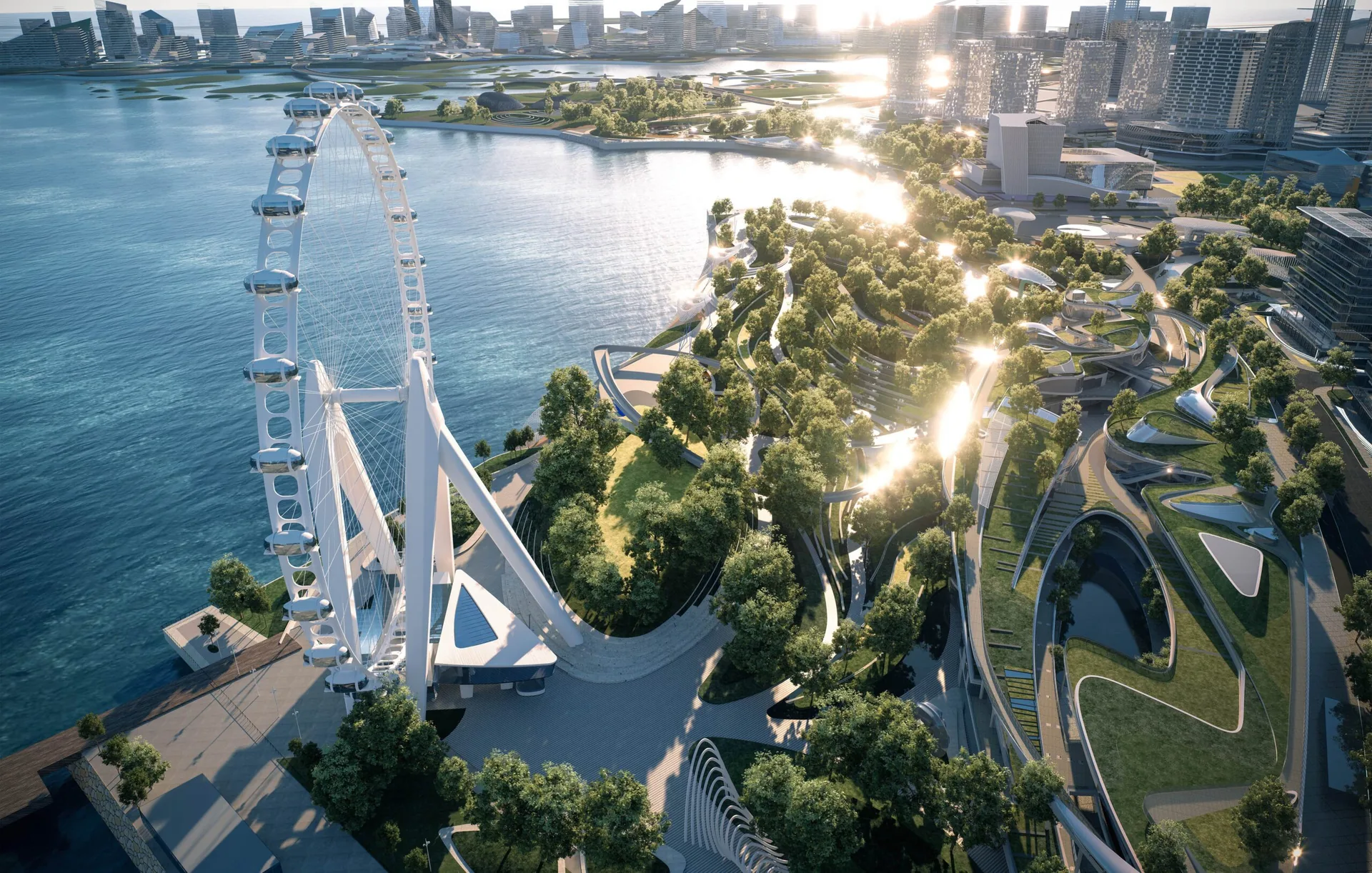D5 Render aerial view of a waterfront park with a white Ferris wheel and curving green terraces