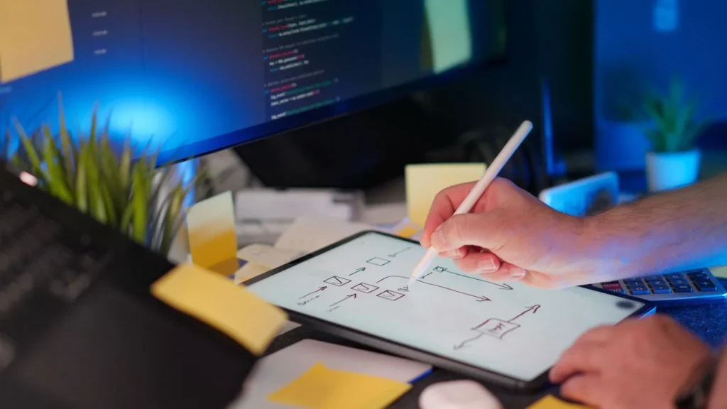 Hand drawing a quick diagram with a stylus on a tablet lying on a desk with sticky notes