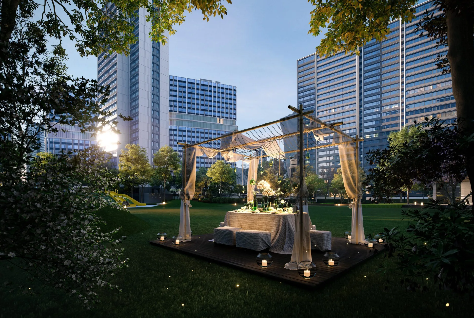 D5 Render of an evening garden dinner pavilion with draped curtains among high-rise towers