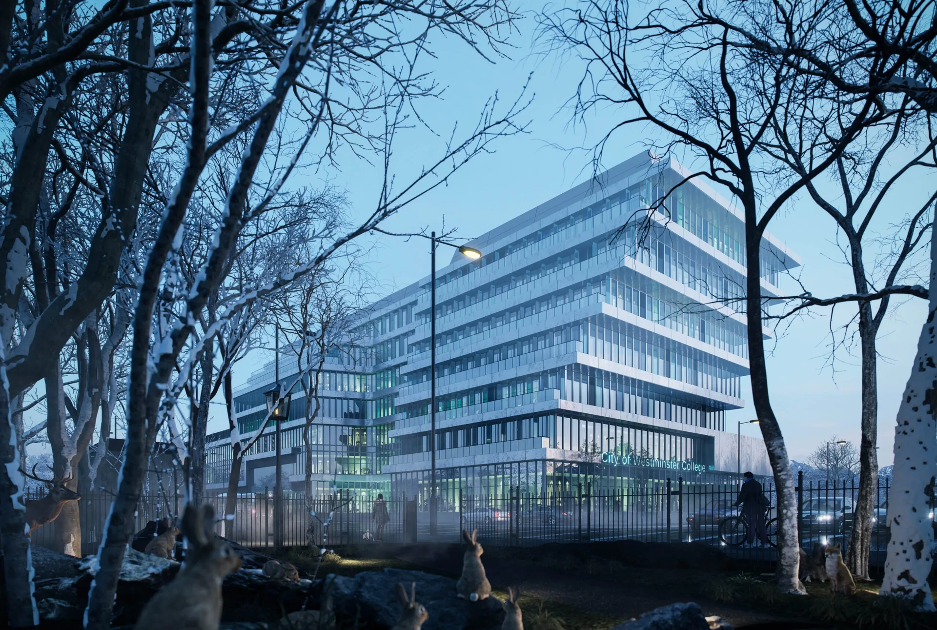 D5 Render of a terraced glass office building seen through bare winter trees, rabbits in the foreground