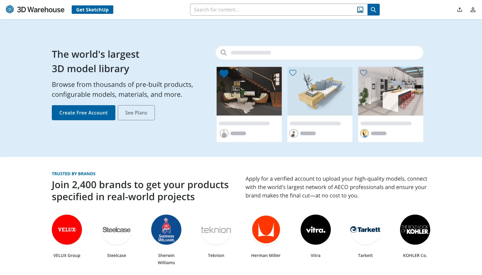 3D Warehouse home page with its model library search bar, interior model previews and logos of brand partners
