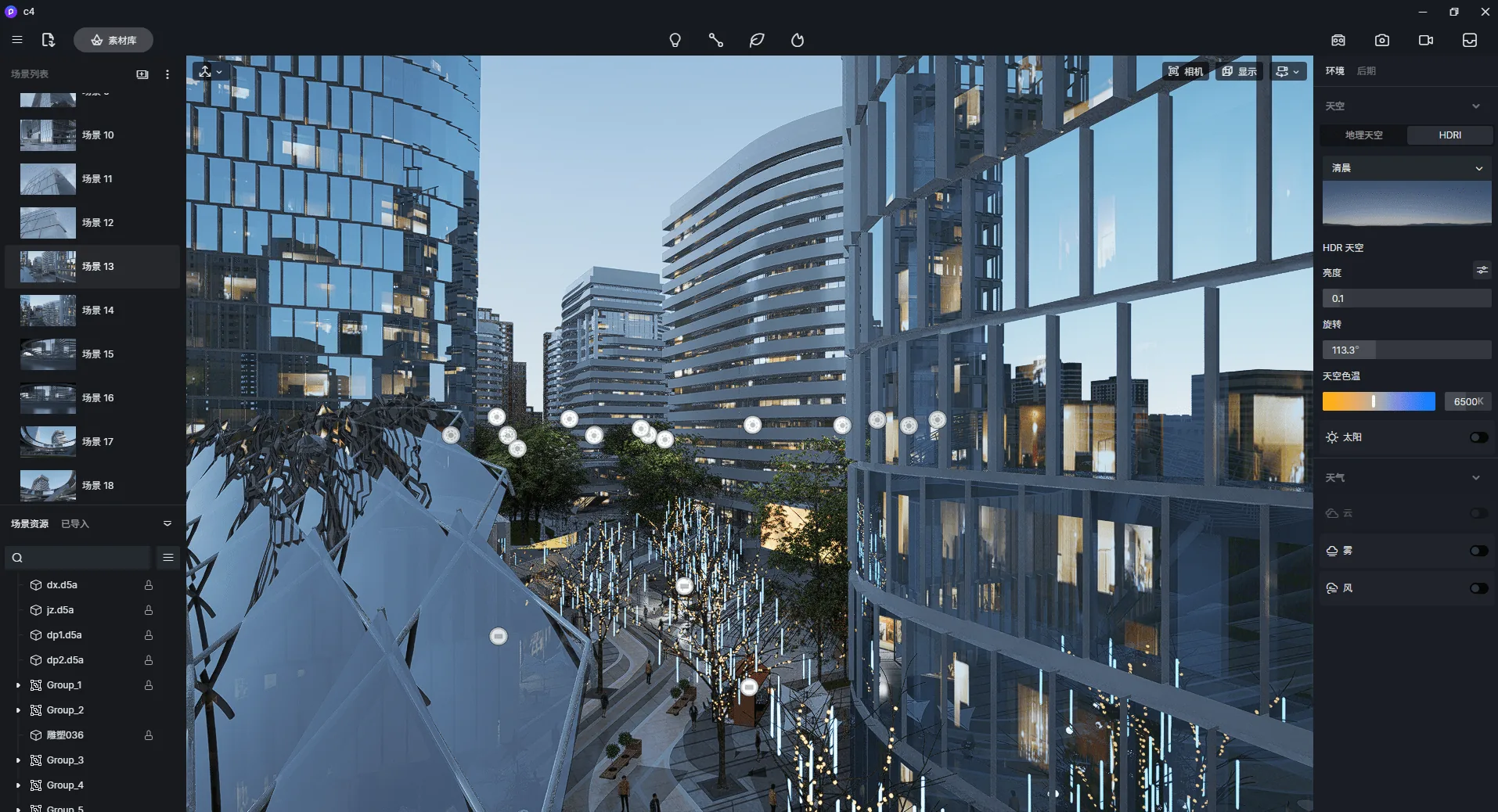 D5 Render interface with a street of glass towers and trees hung with string lights