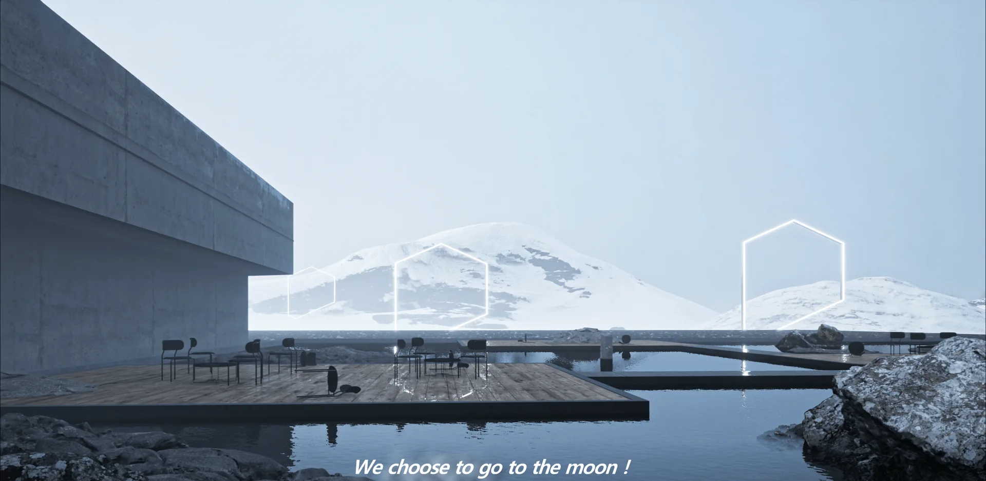 Concrete building by a still lake with glowing hexagon frames and the caption We choose to go to the moon