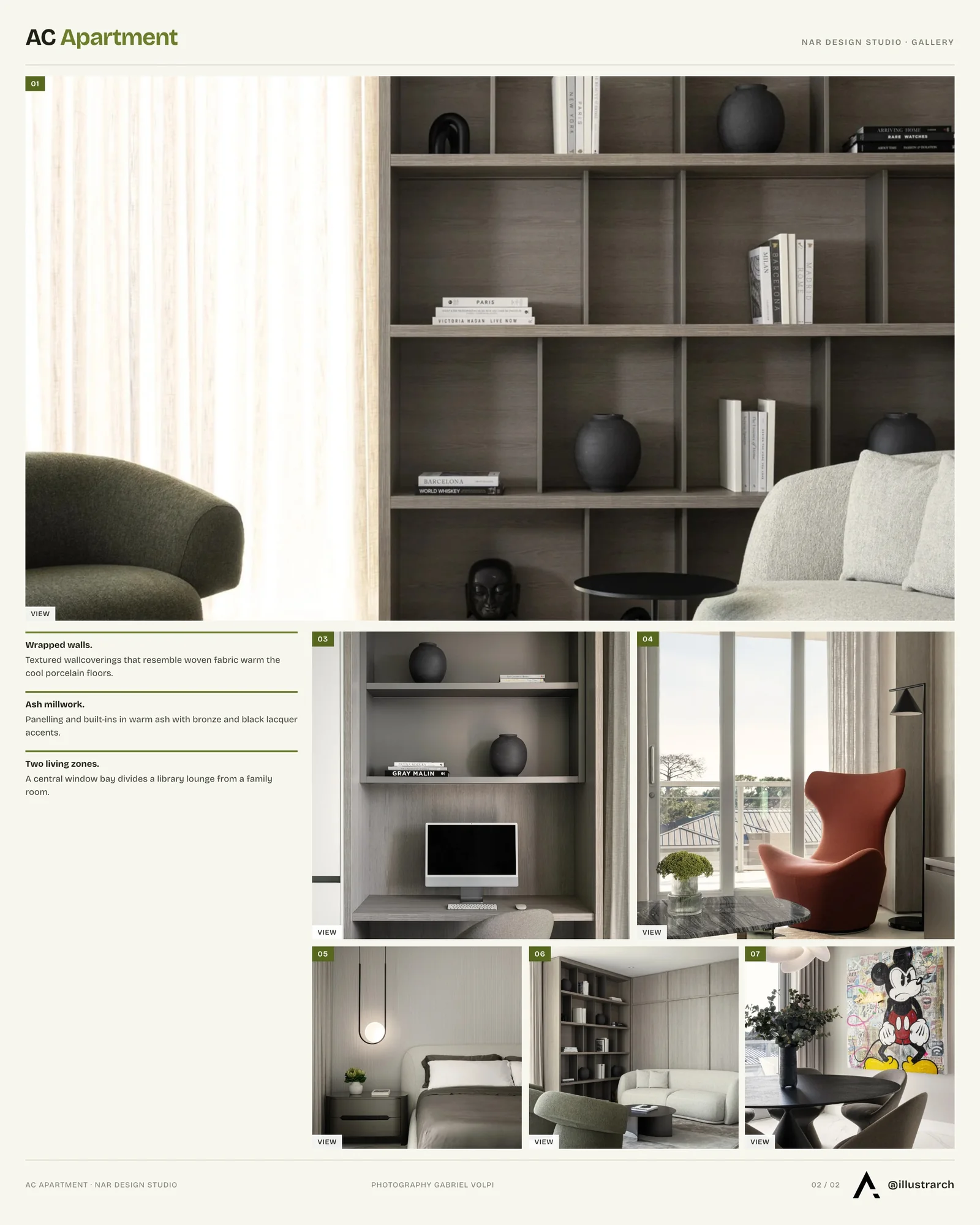 Second presentation board sheet for AC Apartment by Nar Design Studio, laying out the project drawings and images on one page