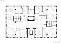 Floor plan of the office with boxes, meeting rooms, booths and the communal spine, ADDITIVE HQ by NOA