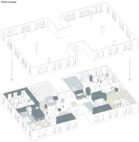 Exploded axonometric of the empty shell above the inserted boxes and work areas, ADDITIVE HQ by NOA