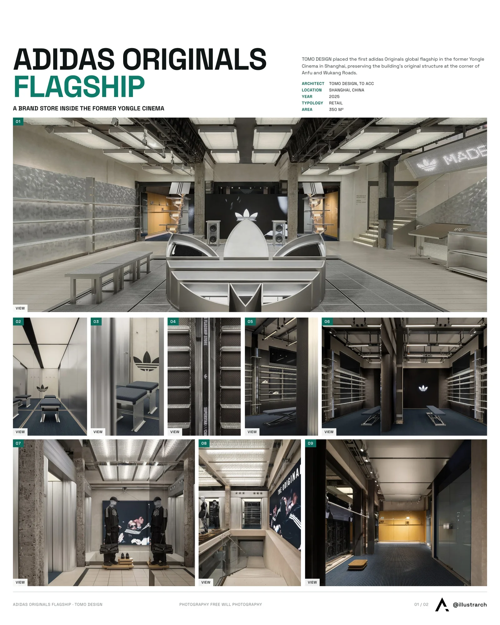 Presentation board cover for Adidas Originals Flagship Store by TOMO DESIGN, with the lead image, project summary and a grid of photographs and drawings