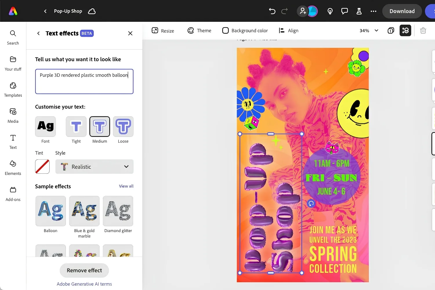 Adobe Express editor applying a generative text effect to a colorful pop-up shop poster