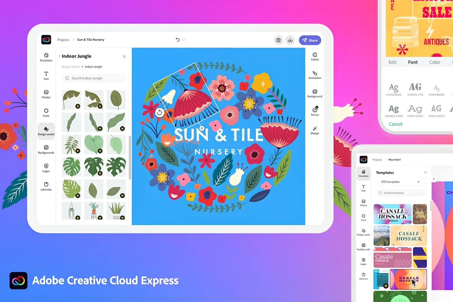 Adobe Creative Cloud Express on tablet and phone editing a floral nursery logo with leaf assets and templates