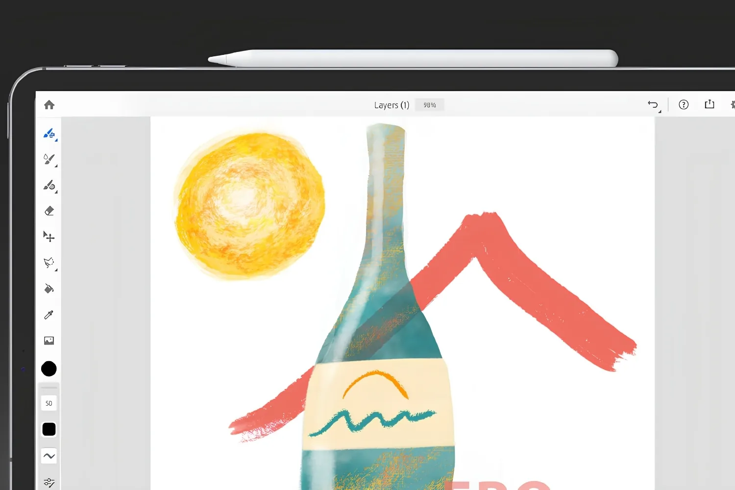 Adobe Fresco live oil and watercolor brush strokes forming a sun, a bottle and a red roof line