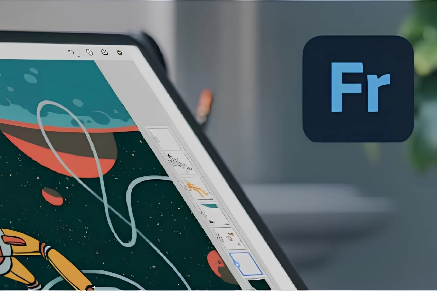 Tablet running Adobe Fresco with a space themed illustration and the animation frame strip