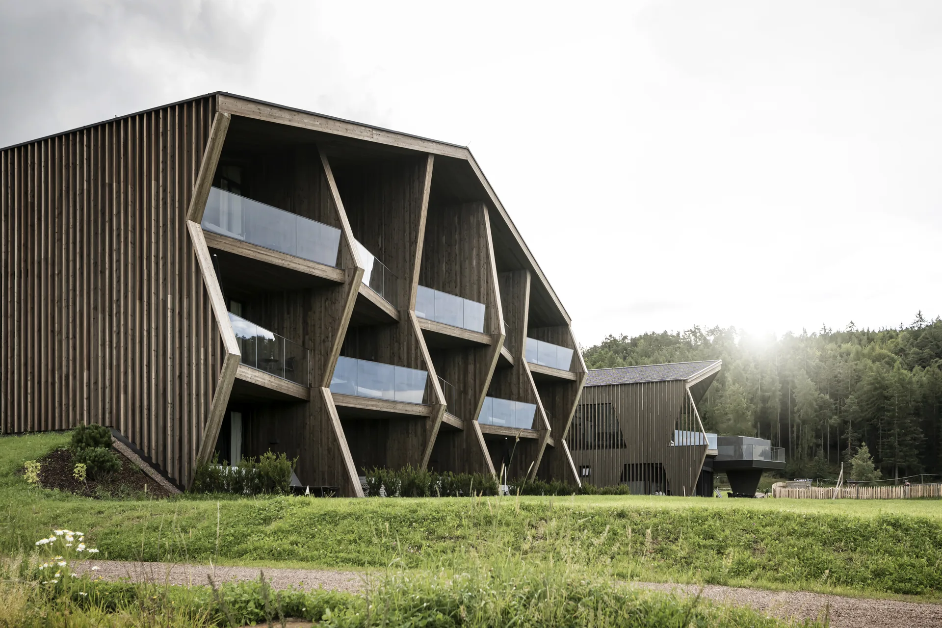 Suite building clad in dark timber with slanted struts framing trapezoid balconies above a meadow, Aeon by noa*