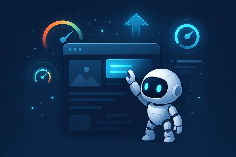 Illustration of a robot pointing at a generated web page wireframe surrounded by speed gauges and an upload arrow