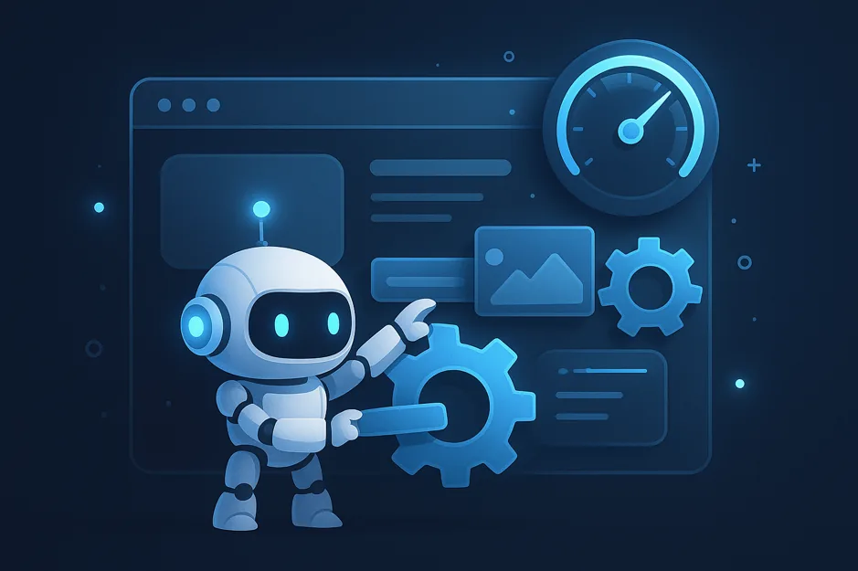 Illustration of a robot assembling a web page layout with image blocks, gears and a speed gauge
