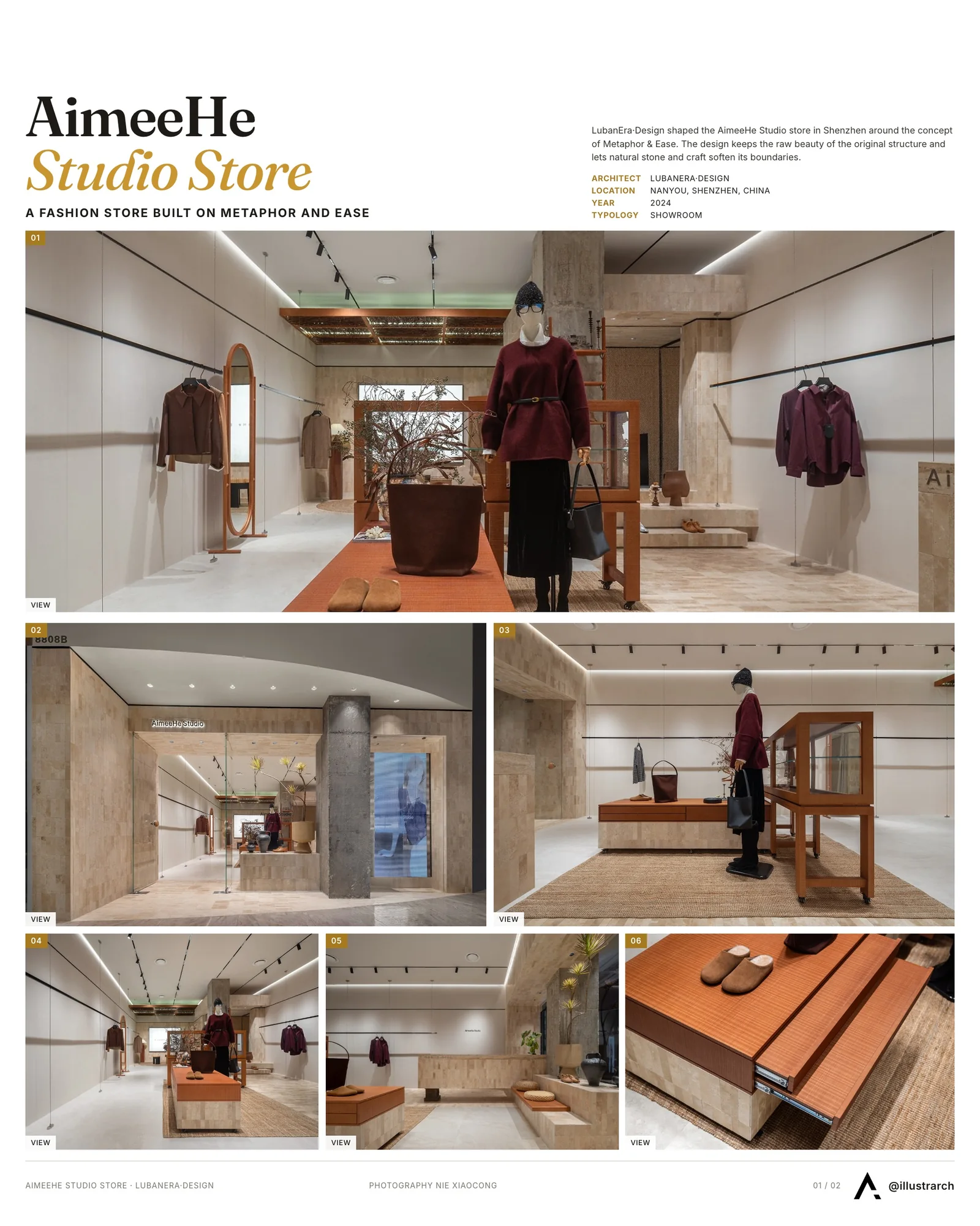 Presentation board cover for AimeeHe Studio Retail Store by LubanEra·Design, with the lead image, project summary and a grid of photographs and drawings