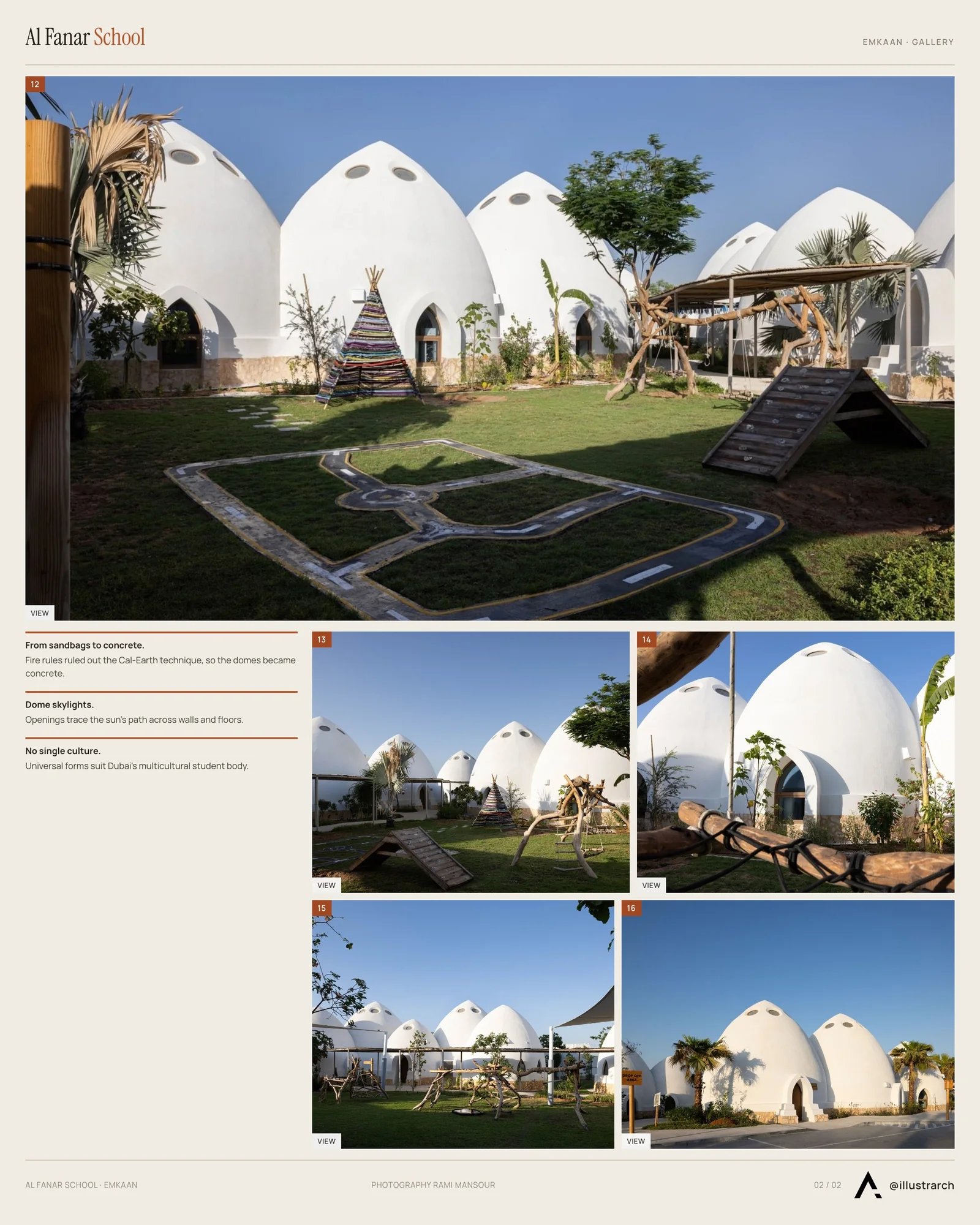 Second presentation board sheet for Al Fanar School by EMKAAN, laying out the project drawings and images on one page