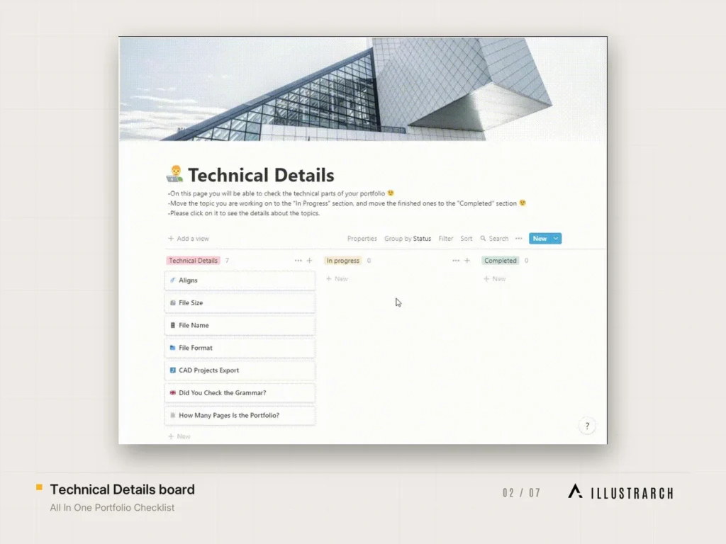 All In One Portfolio Checklist: technical details board