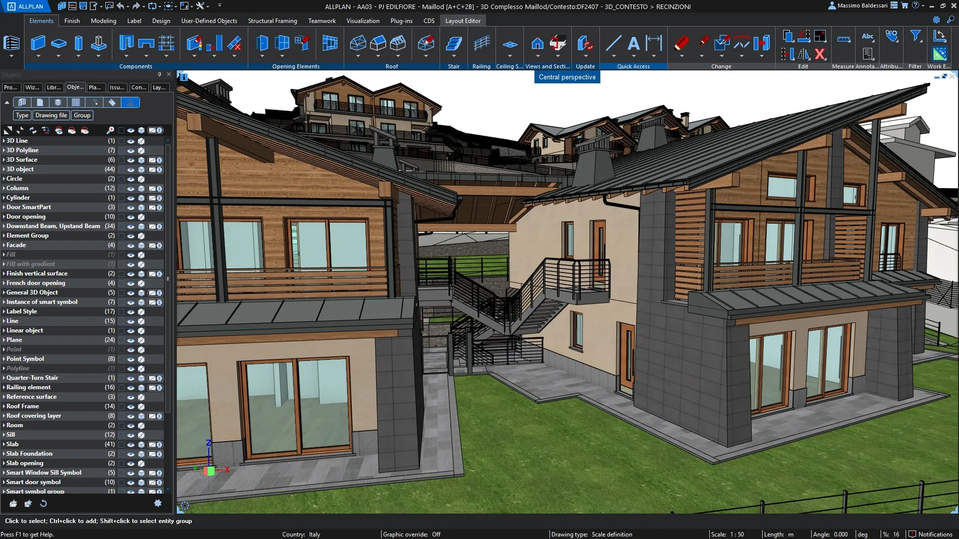 ALLPLAN Concept perspective of a timber-clad housing project with the object type list in the side panel