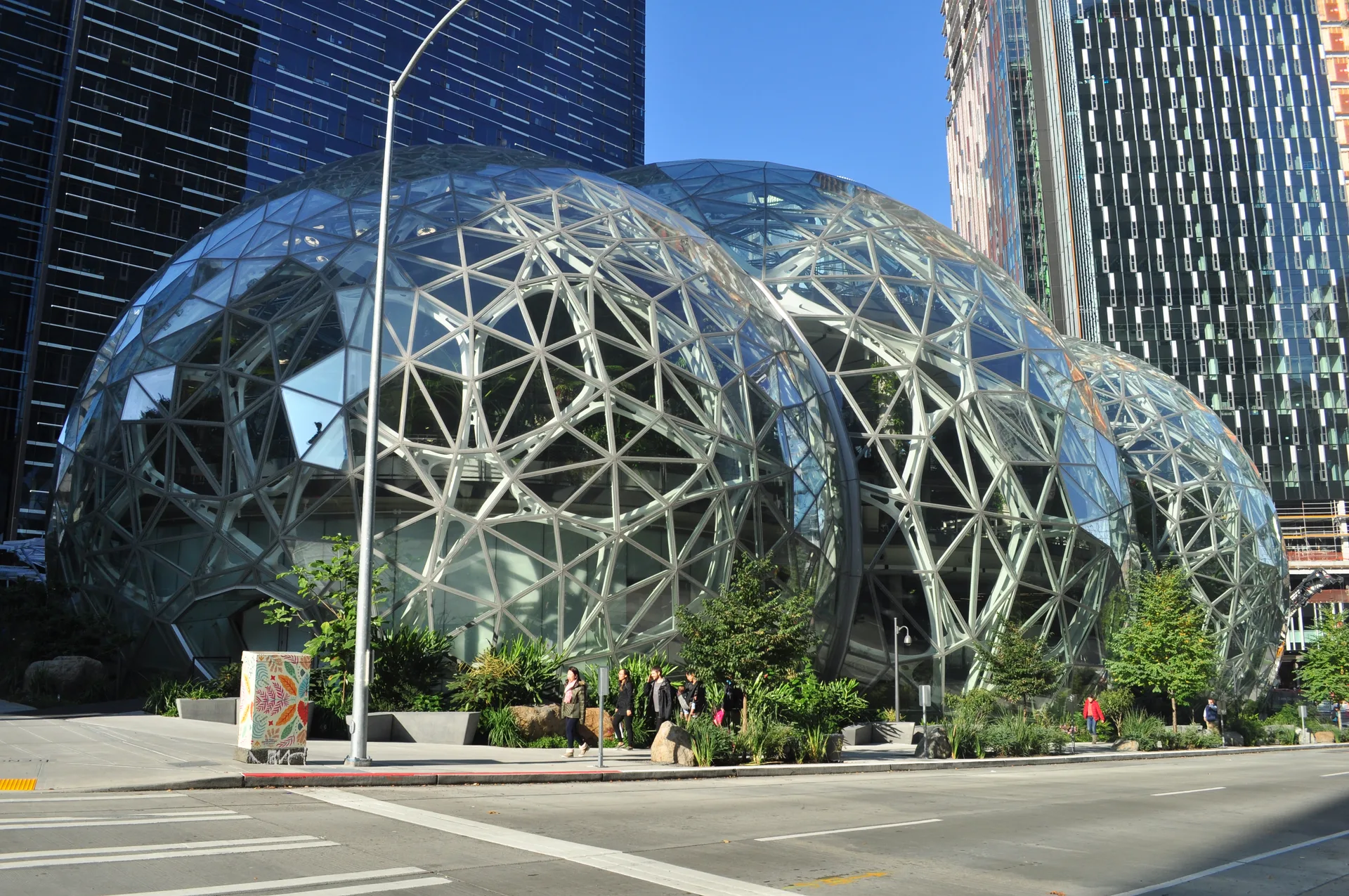 Amazon Spheres in Seattle, three interlocking steel and glass spheres among downtown office towers