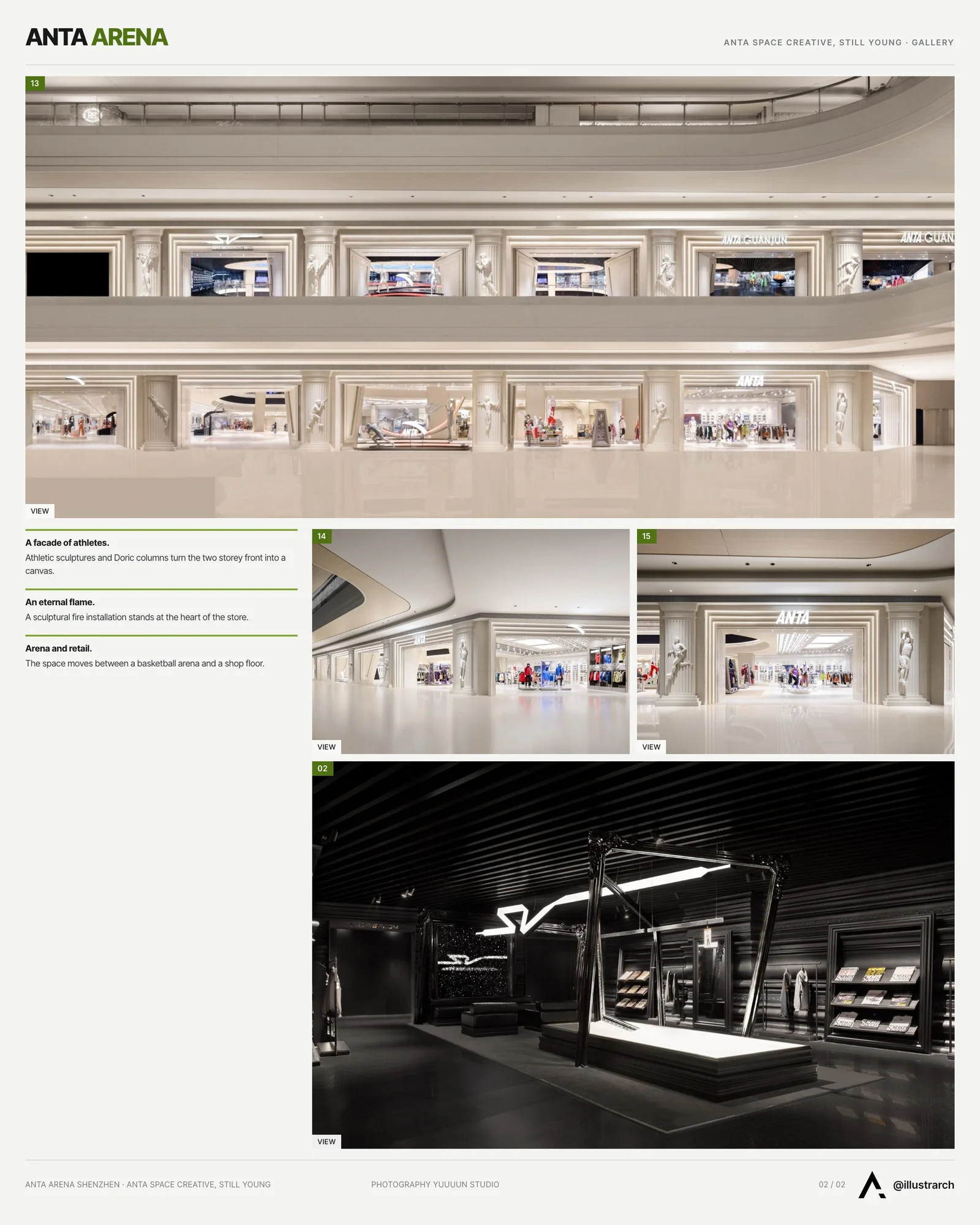 Second presentation board sheet for ANTA Unveils the World’s First “Basketball Arena” Flagship Store in Shenzhen, laying out the project drawings and images on one page