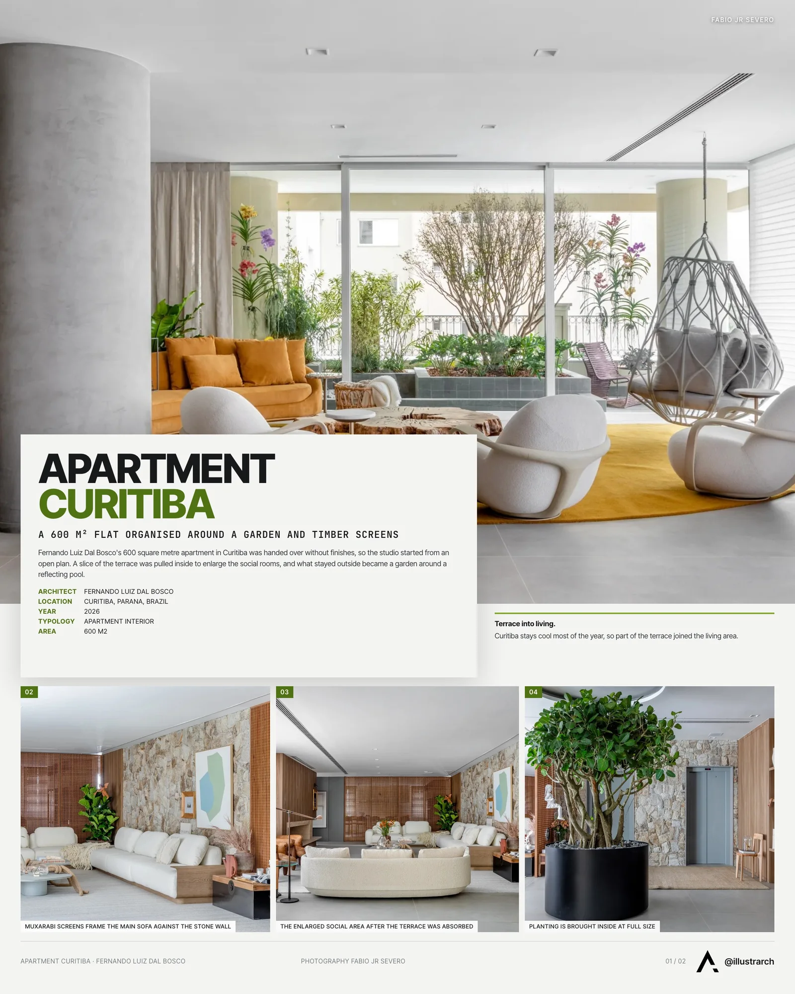 Presentation board cover for Apartment Curitiba by Fernando Luiz Dal Bosco, with the lead image, project summary and a grid of photographs and drawings
