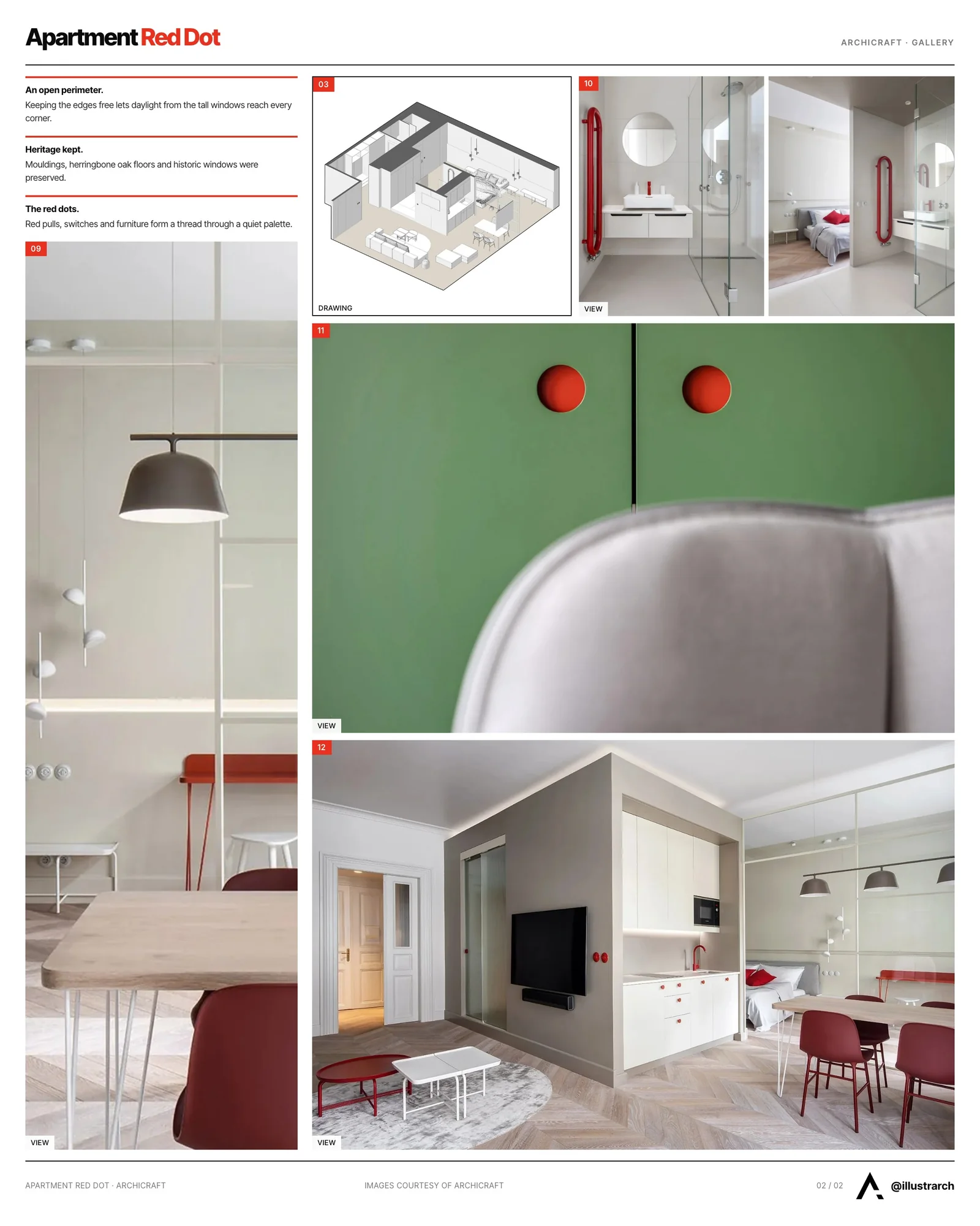Second presentation board sheet for Apartment Red Dot, laying out the project drawings and images on one page