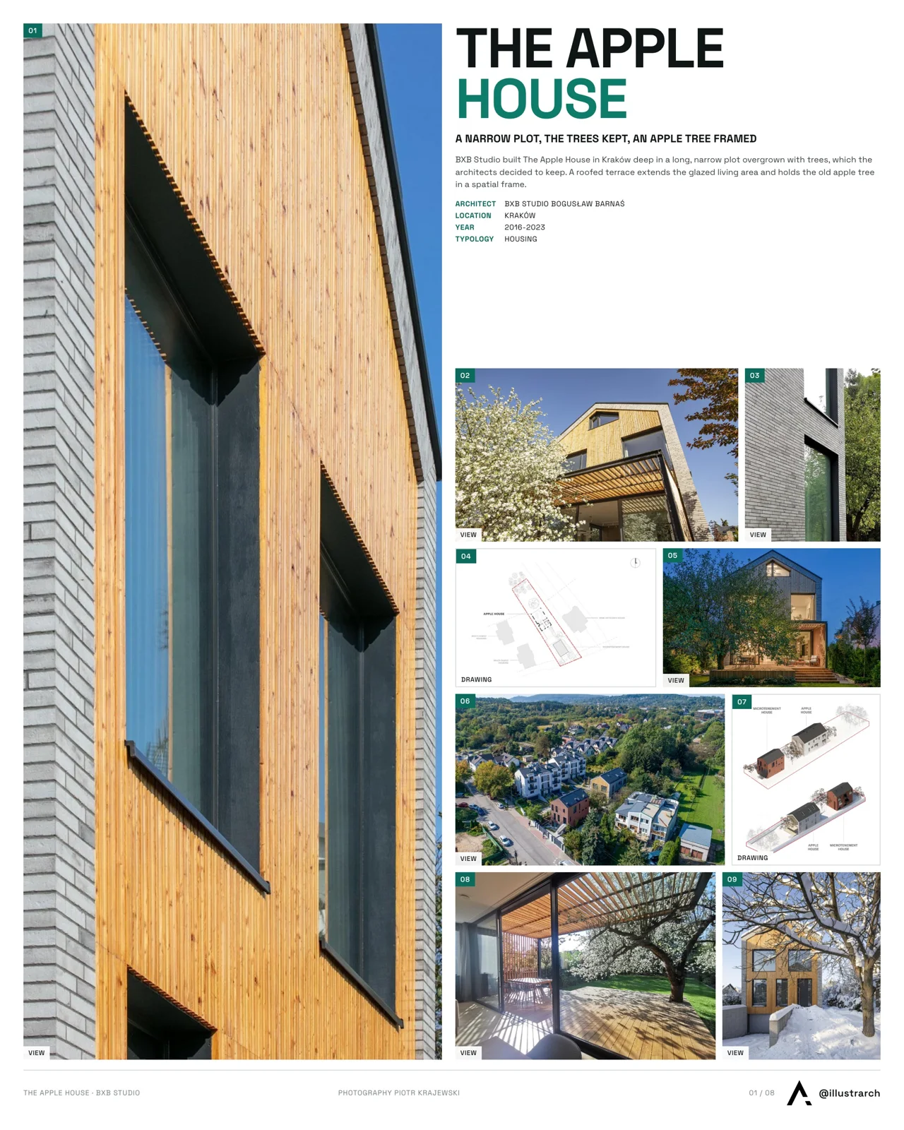 Presentation board cover for The Apple House showing a timber facade exterior with spring blossom, focused on a single strong project