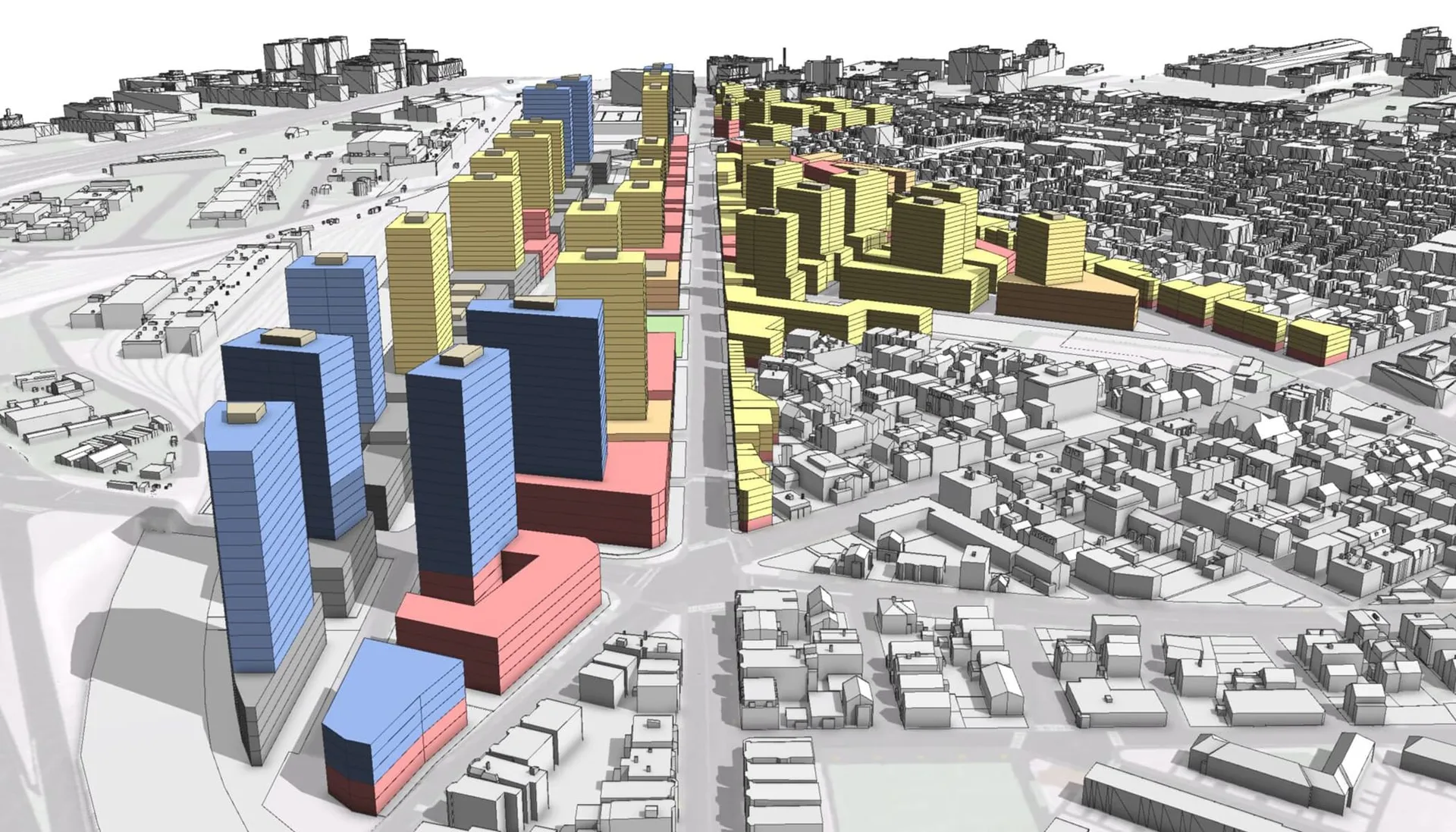ArcGIS CityEngine 3D city model with proposed towers in blue, yellow and red among gray existing buildings