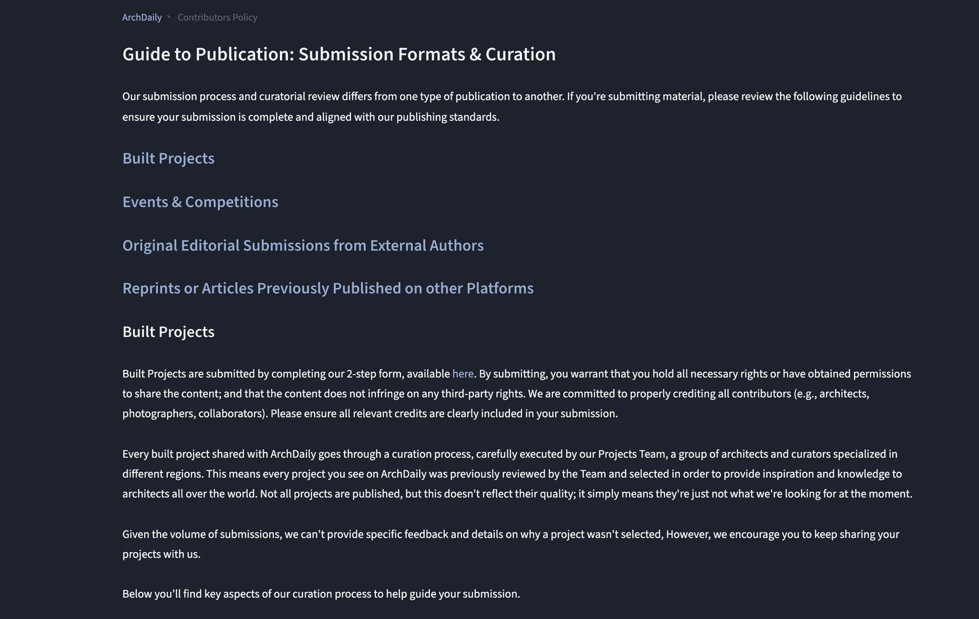 ArchDaily Guide to Publication page explaining built project submissions, credits and curation