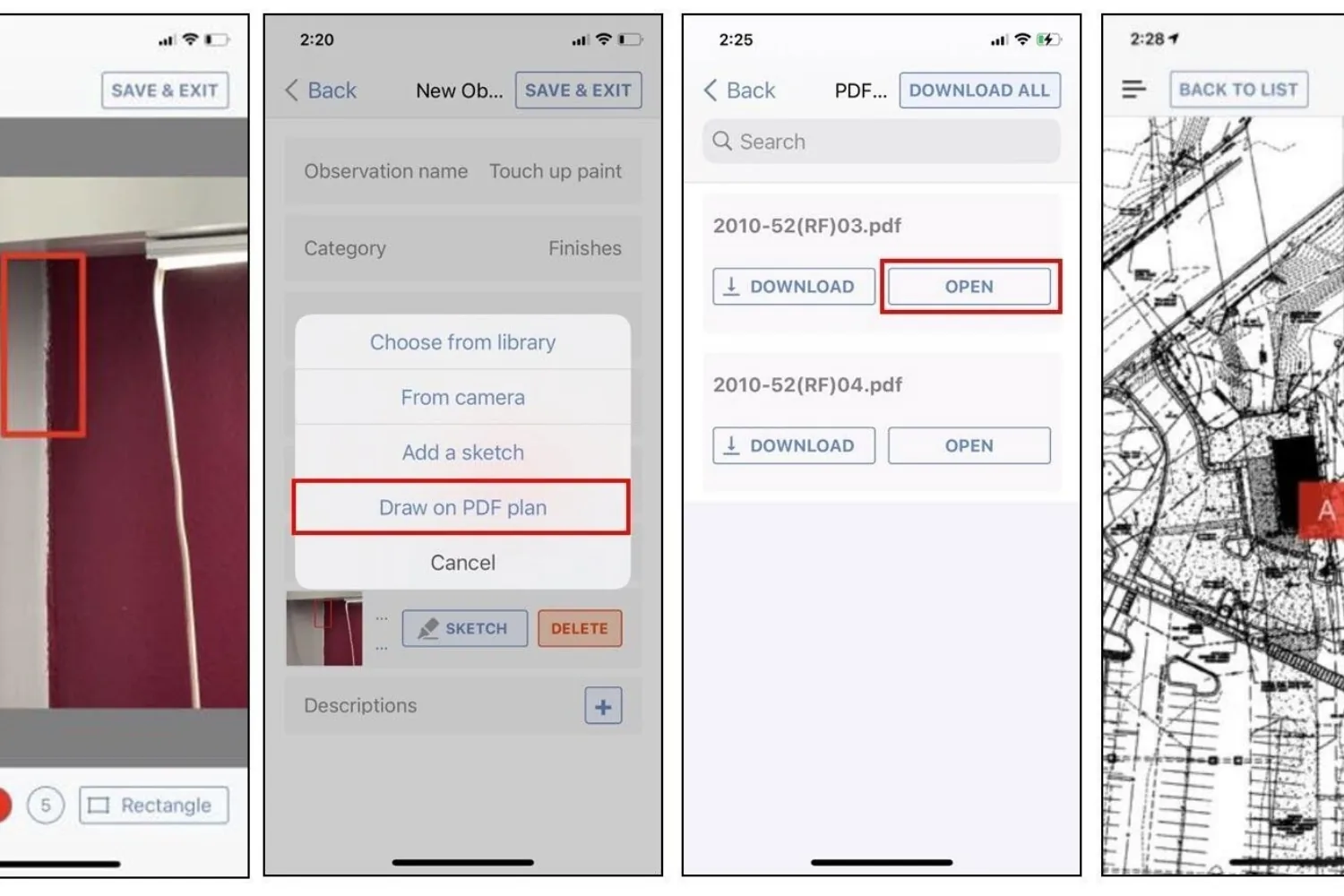 Four iPhone screens in ArchiSnapper: photo markup, new observation menu, report PDFs and an annotated site plan