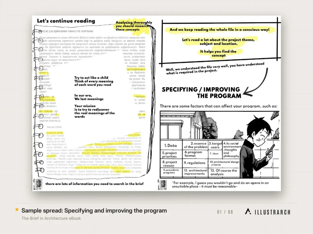 The Brief in Architecture eBook Architecture Student Guide: sample spread specifying and improving t