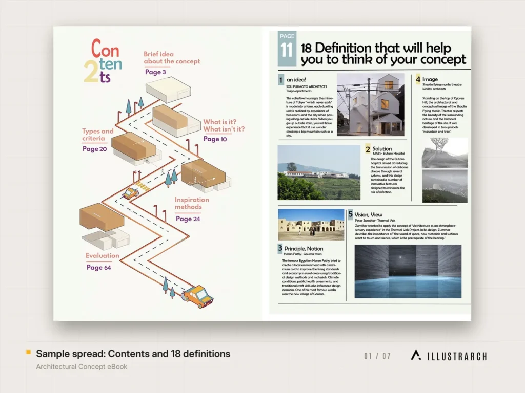 Architectural Concept eBook Architecture Student Guide: sample spread contents and 18 definition