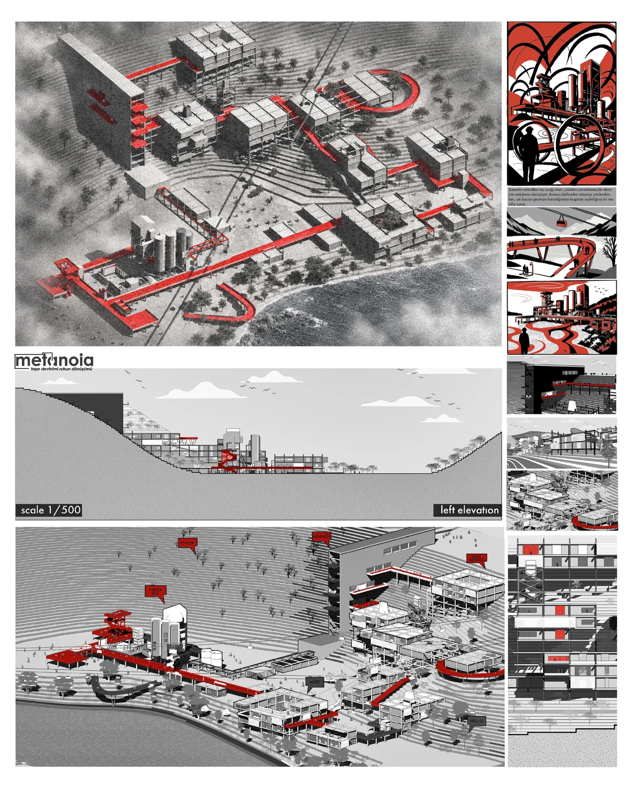 Dense grayscale board tracking massing evolution with small diagrams and red accents