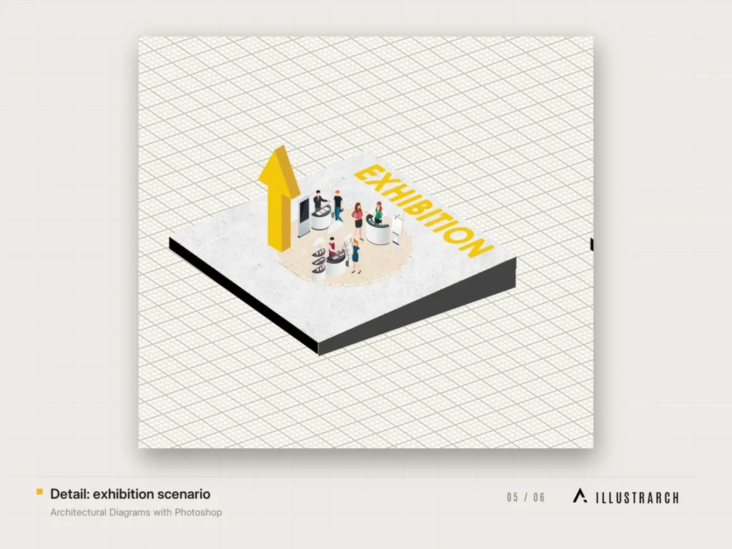 Architectural Diagrams with Photoshop Video Course: detail exhibition scenario