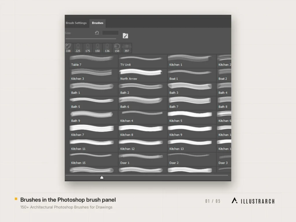 150+ Architectural Photoshop Brushes for Drawings Easy to Use: brushes in the photoshop brush panel