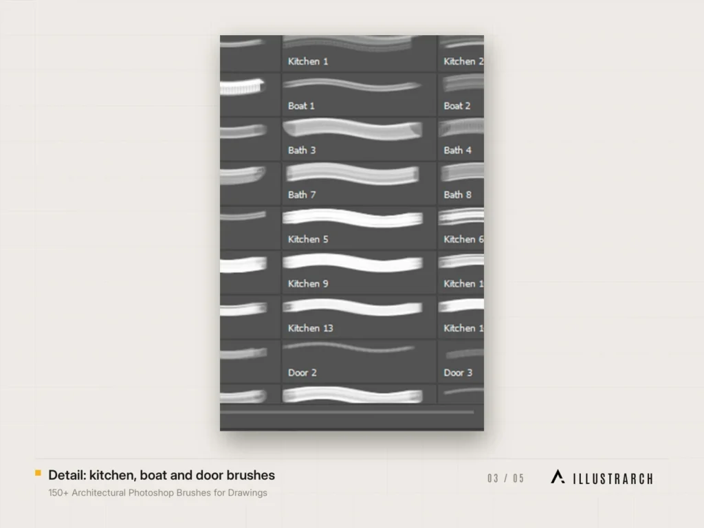 150+ Architectural Photoshop Brushes for Drawings Easy to Use: detail kitchen boat and door brushes